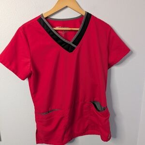 Grey’s Anatomy by Barco Scrub Top Red Black Trim V-Neck – Size M